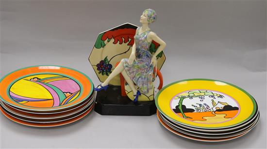 Ten reproduction Clarice Cliff plates and a Kevin Francis figure Tea with Clarice Cliff